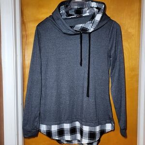 Y2K, Asymmetrical Funnel-neck, Pullover Hoodie With Plaid Faux Layer